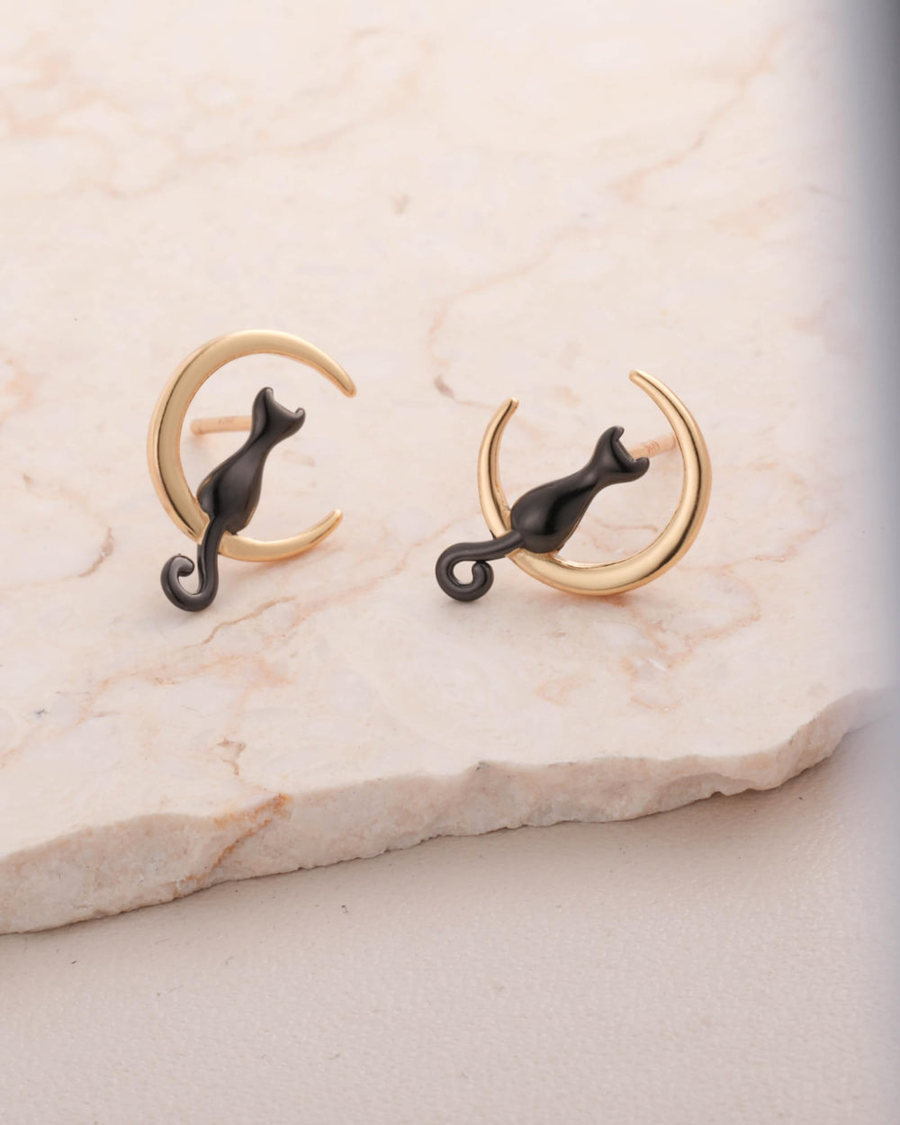 Cat Moon Stud Earrings Sterling Silver