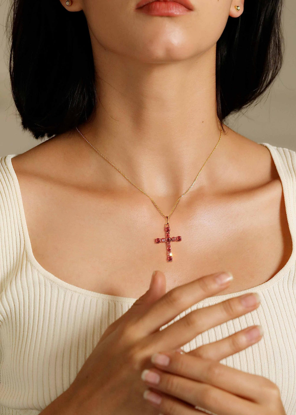 S.Leaf Sterling Silver 14K Gold Plated Cubic Zirconia Cross Necklace