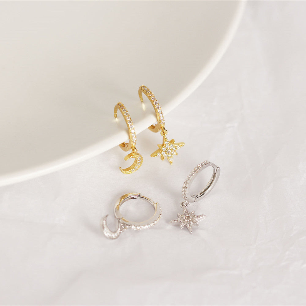 Cubic zirconia Moon Star Hoop Earrings sterling silver