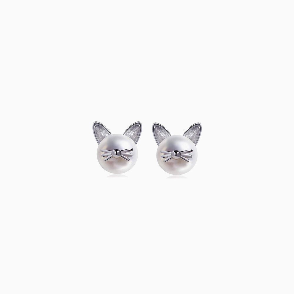 Cute Whisker Cat Pearl Stud Earrings